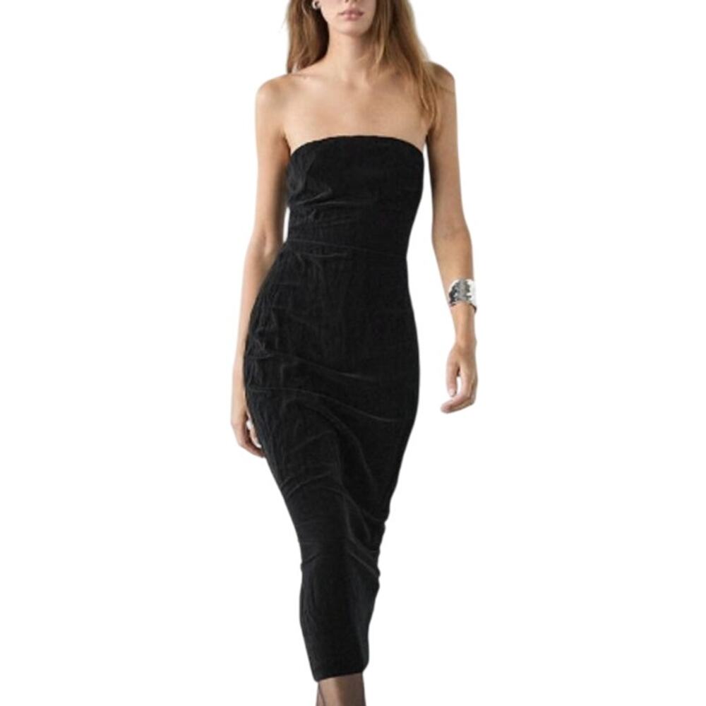 Zara S Black Velvet Midi Dress Strapless Holiday Party Baddie Whimsygoth *flaw